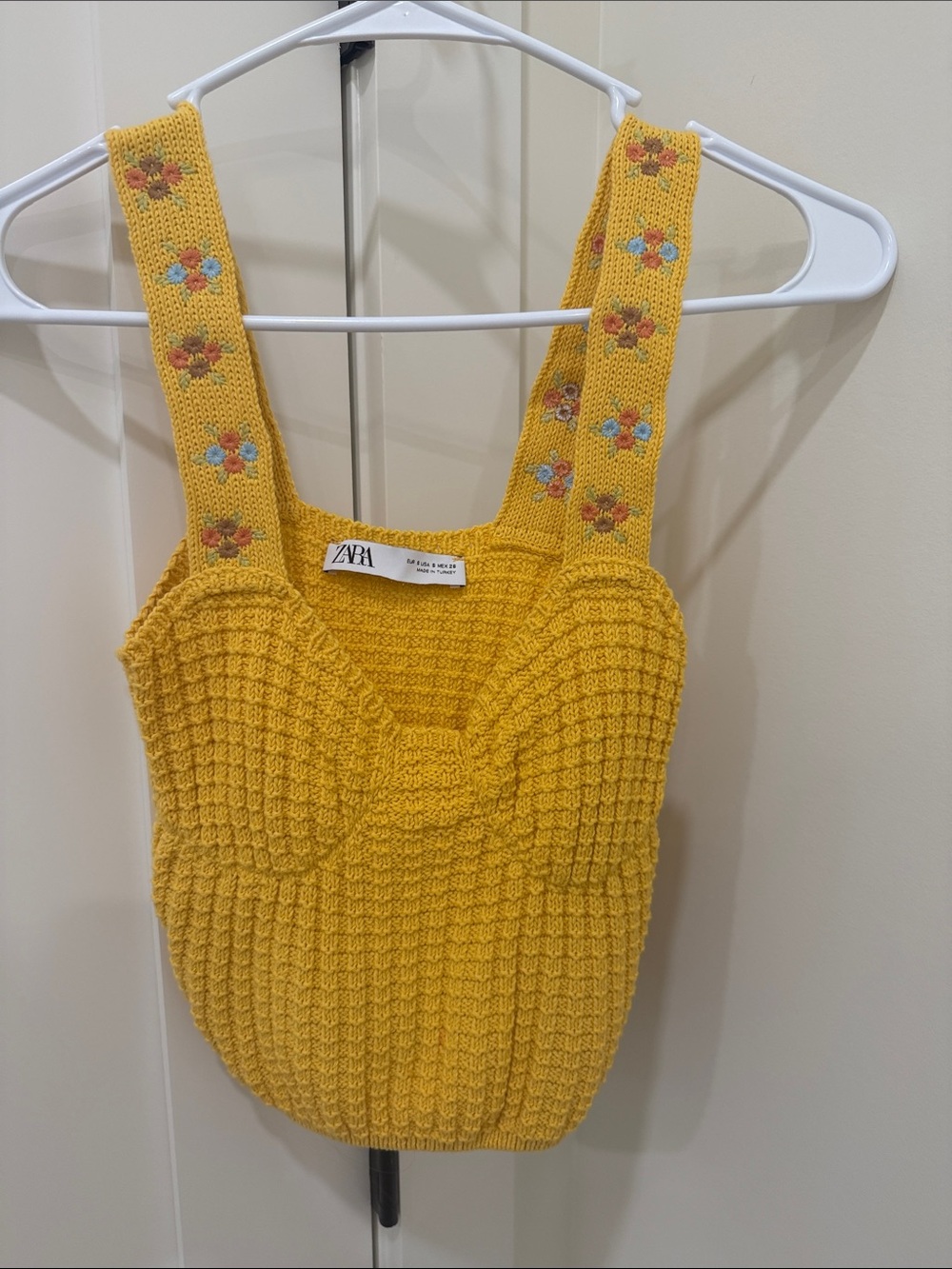 ZARA Yellow Knit Bustier Tank with Embroidered Floral Straps
